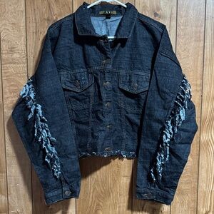Denim Jacket with Fringe Detail - Black